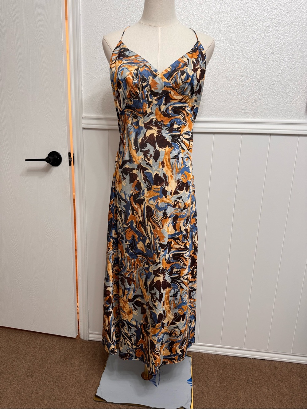 Abercrombie & Fitch Swirl-Print Slip Maxi Dress in Blue and Mustard